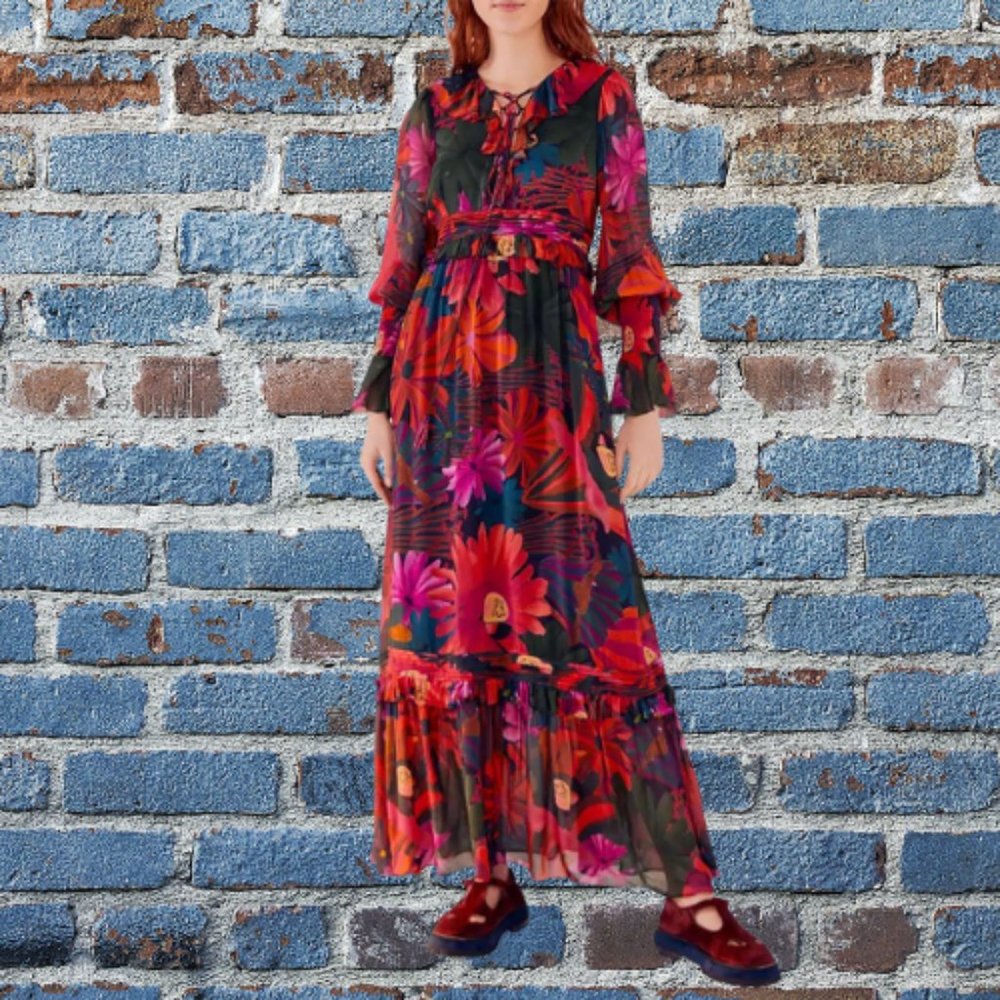 NWT FARM RIO Bird Flowers Long Sleeve Dress-XS